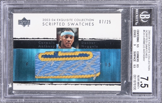 2003-04 UD "Exquisite Collection" Scripted Swatches #CA Carmelo Anthony Signed Patch Rookie Card (#07/25) – BGS NM+ 7.5/BGS 10